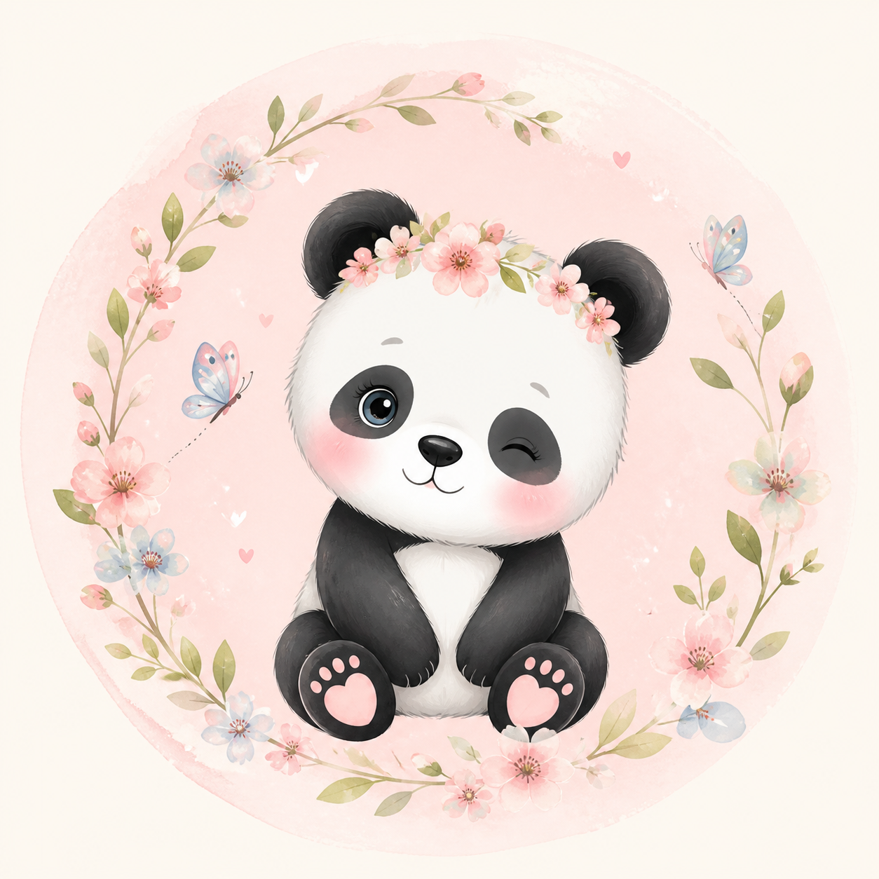 Pandinha bebê entre flores cor-de-rosa e borboletas